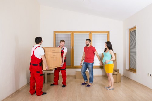 Packed office boxes and equipment ready for transport