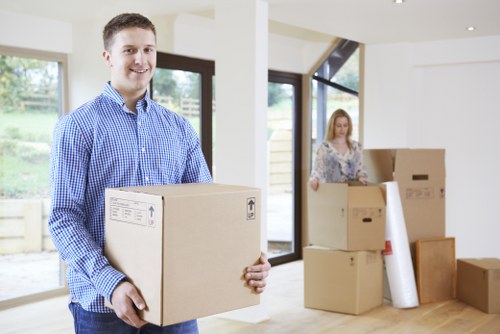 Packed household items prepared for transport by moving truck in Mitcham