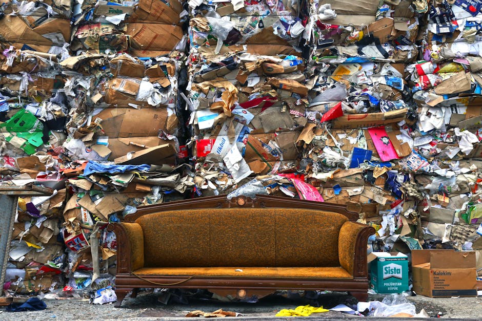 A vintage wooden sofa with plush fabric upholstery is positioned against a wall of tightly packed, overflowing waste paper and cardboard boxes of various sizes, colors, and labels, which are piled messily on the ground and extend above the sofa. The scene appears to be outdoors in an alley or near a waste disposal area, with the sofa facing the camera and the waste materials surrounding it. Visible materials include crumpled and flattened cardboard boxes, torn paper, and mixed packaging debris, some of which are secured with tape or string. The environment is well-lit, and the scene captures a moment of home relocation or furniture transport amidst clutter, highlighting the importance of proper disposal or clearance services provided by companies like Man and Van Mitcham. The image emphasizes the contrast between unwanted waste and the furniture set to be moved or disposed of as part of house removals or waste management services.